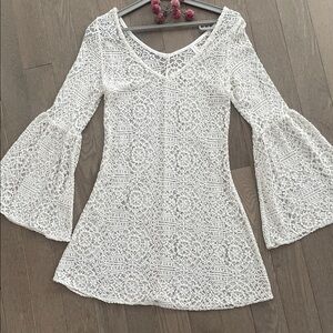 PilyQ White Crochet Knit Sheer Mini Dress Bell Sleeve